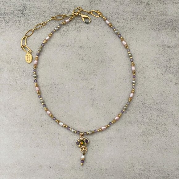 Michal Golan Amethyst Abalone Freshwater Pearls 24K EP Pendant Necklace 13"-18" - Picture 5 of 10